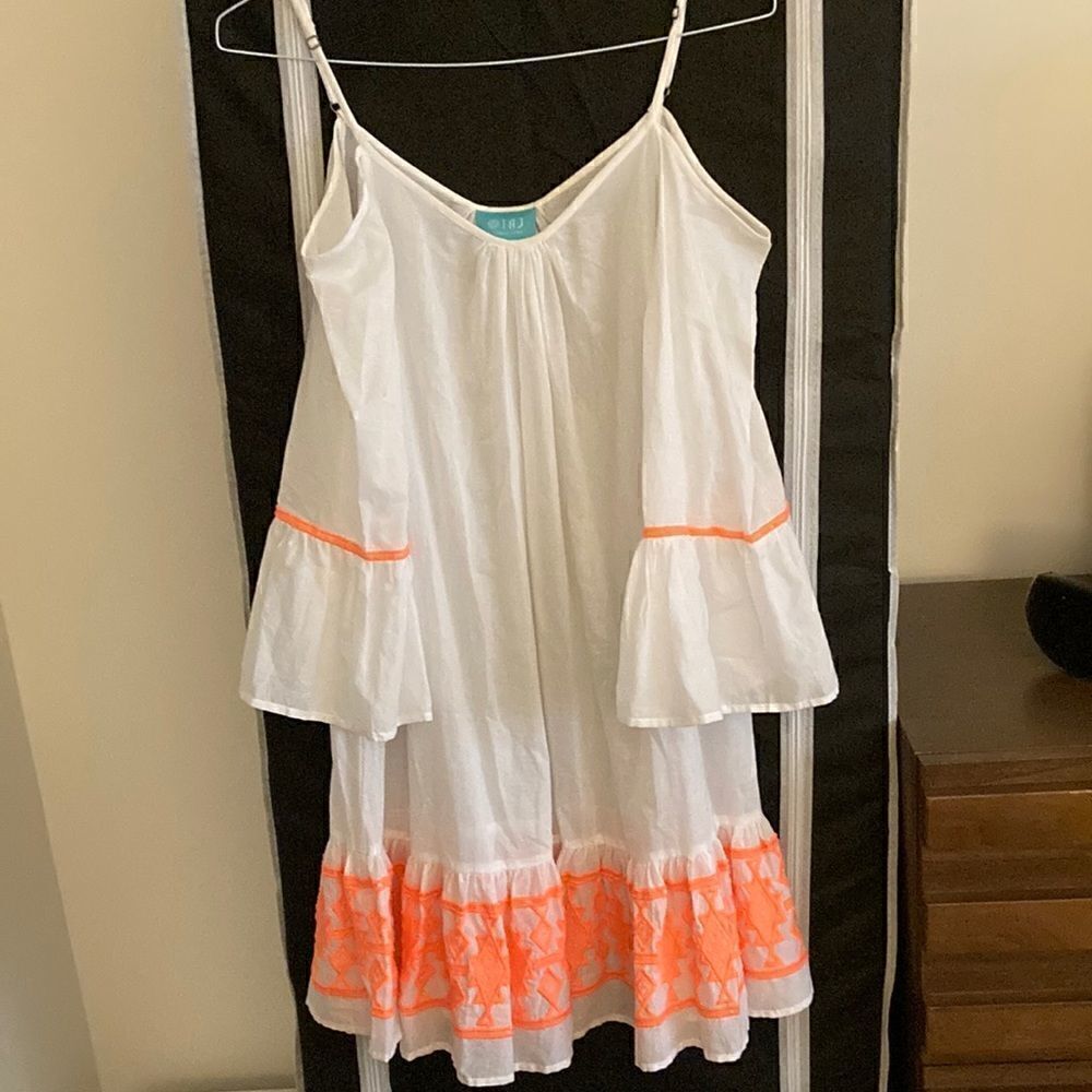 Taj By Sabrina Crippa Coverup Dress in White Cotton with Orange Embroidery.
